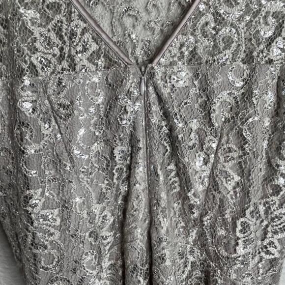 CACHE Champaign Metallic Threaded Lace Empire Waist Evening Cocktail Dress Sz 12 - Picture 3 of 15